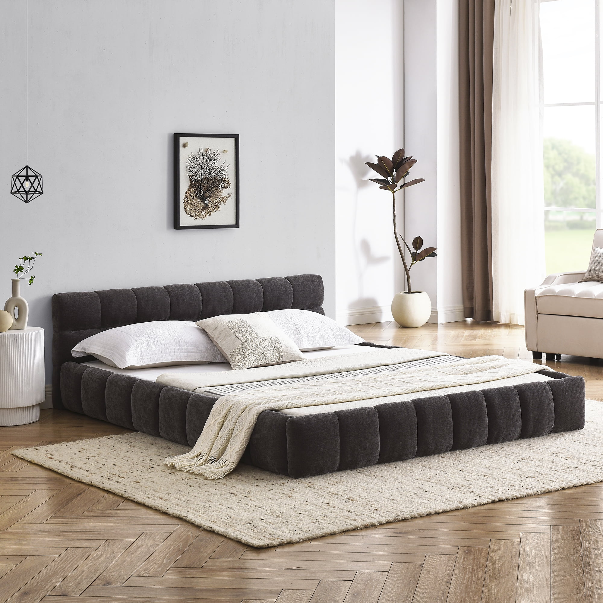 Gewnee Queen Upholstered Platform Bed, Thick Chenille, Sturdy Frame, Dark Gray, No Box Spring Needed，Suitable for Bedrooms