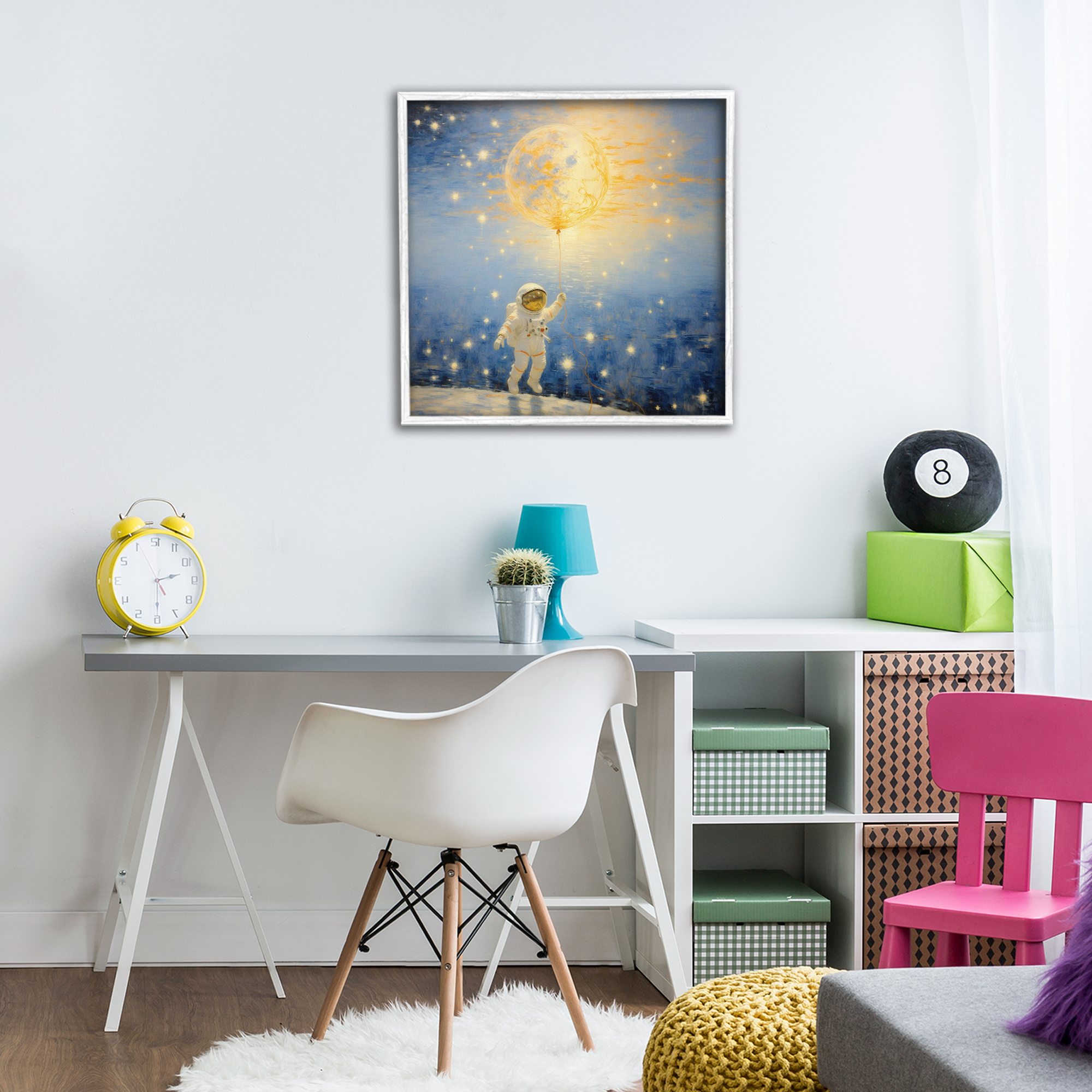 Astronaut with Dreamy Cosmic Balloon White Framed Giclee Art, design by Angie Hawke