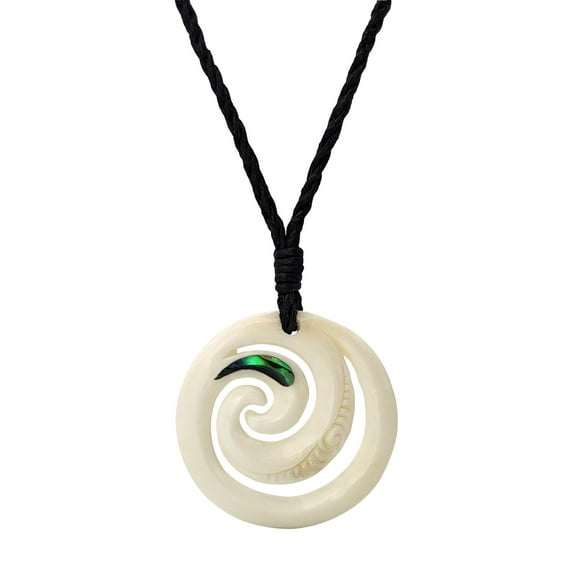 81stgeneration Women's Men's Hand Carved Bone Abalone Maori Engraved Double Koru Pendant Necklace