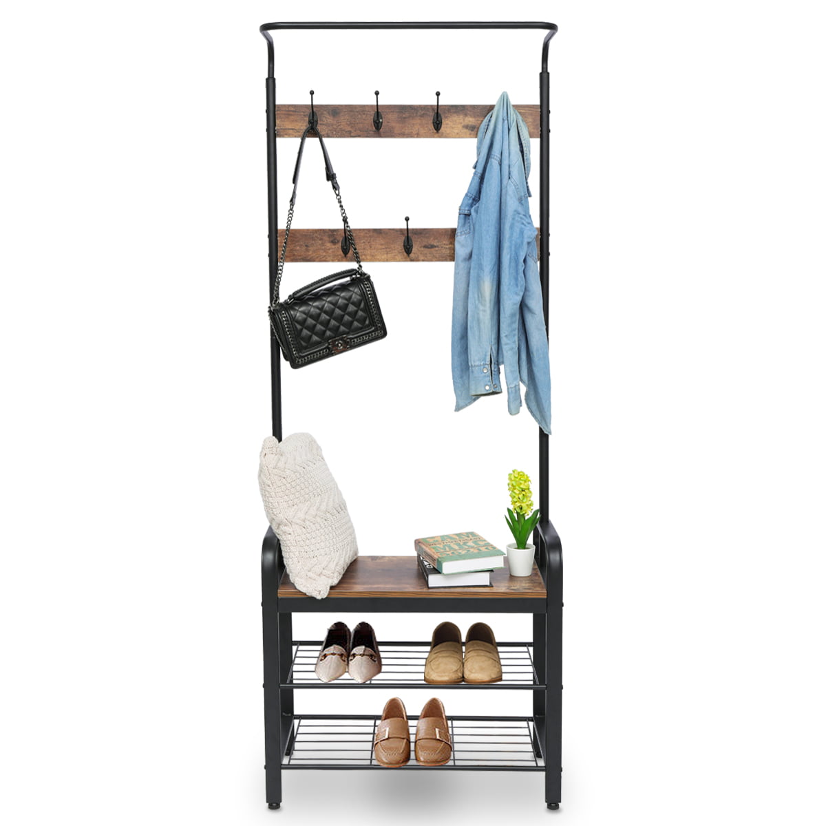 Coat Rack with 7 Wood Hooks and 3 Adjustable Height Sizes for Storage Clothes