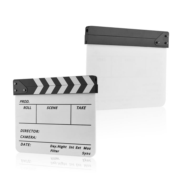 Dry Erase Acrylic Director Film Clapboard Movie TV Cut Action Scene Clapper Board Slate with Marker Pen, Blackwhite Stick, White, Size: Black & White