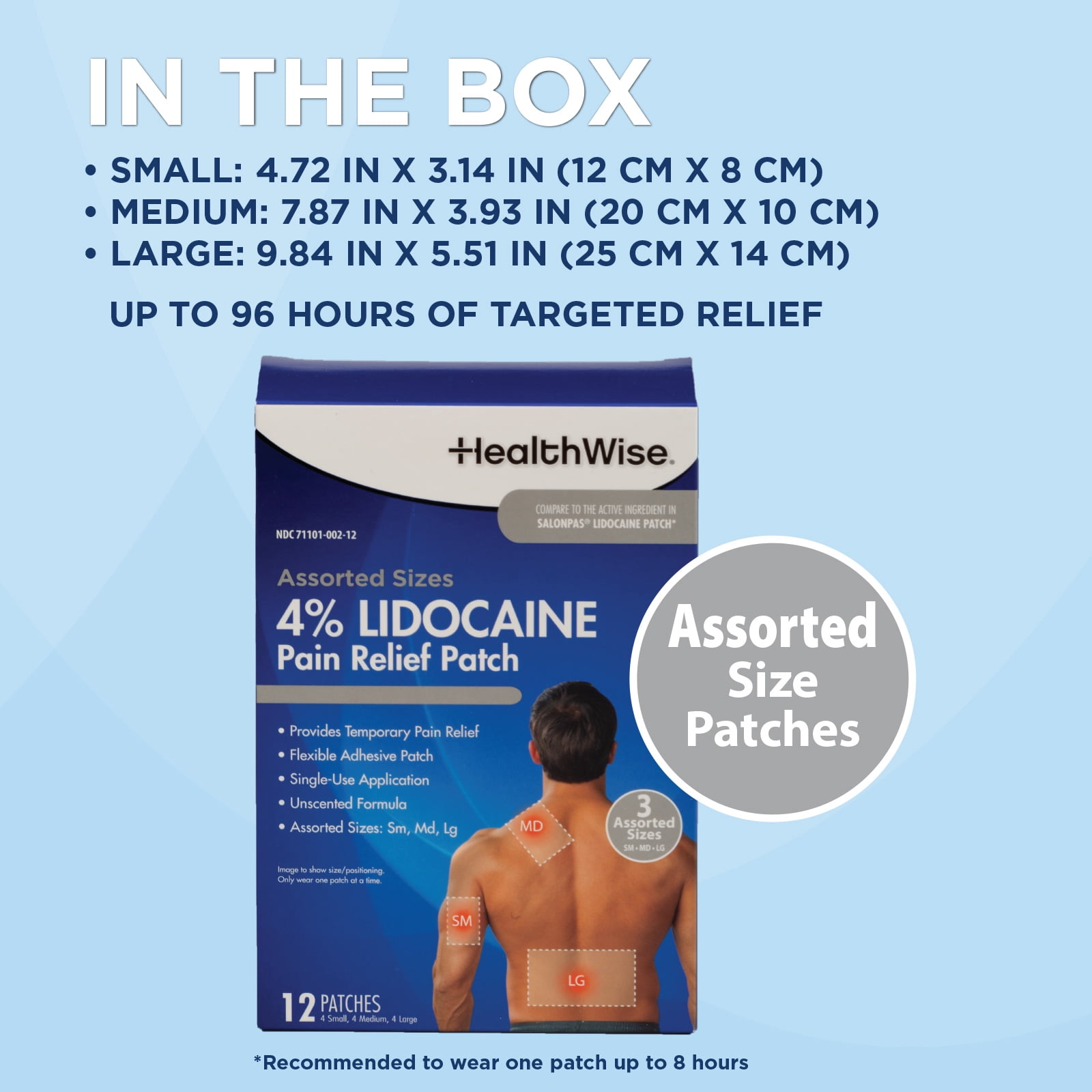 HealthWise Lidocaine Pain Patch | 4% OTC Lidocaine | 12-Count Assorted Sizes | Paraben-Free Formula | Temporarily Soothes Minor Aches and Pains | Unscented | Flexible Application