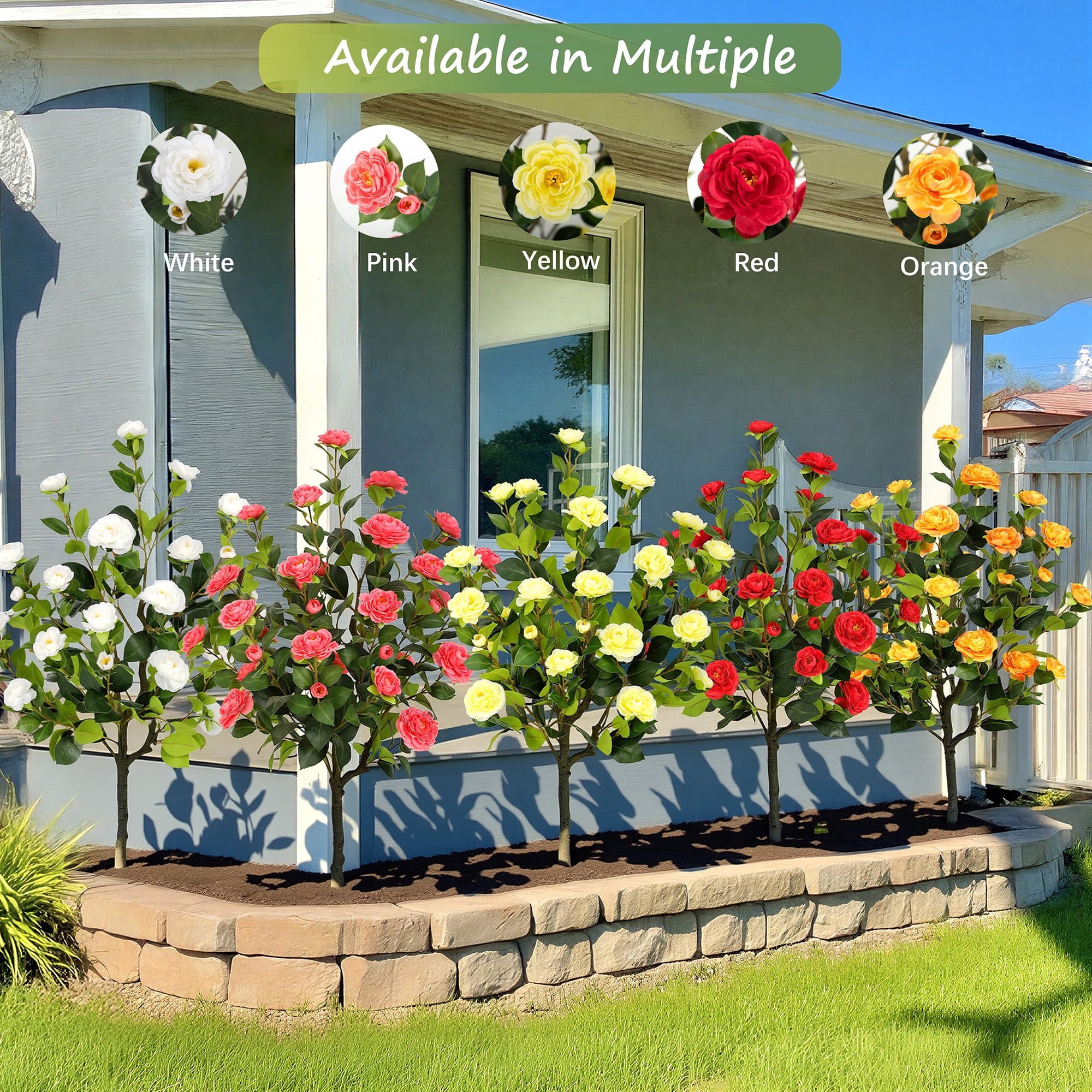 RosyHaven 4ft 2pack Artificial Camellia Tree with Realistic Yellow Flowers, 48"Lifelike Faux Flower Treewith Blooming Fake Flowers for Front Door Porch Patio Garden Yard Poolside Living Room Decor