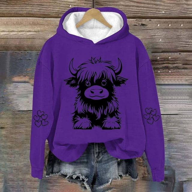 MKOSPLRT Chandails à Capuchon Vache des Highlands pour Enfant Manches Longues Chandails Graphiques Vache Western Décontractés Amples Chandails à Enfiler Hauts Mignons Chandails à Capuchon pour Fille Garçon