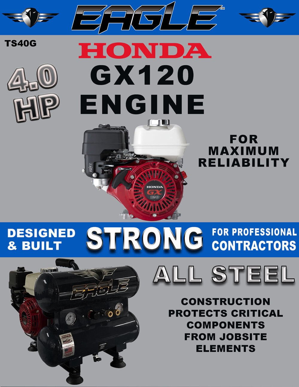 Eagle Compressor Portable Gas Twin Tanks Air Compressor 4 Gallon