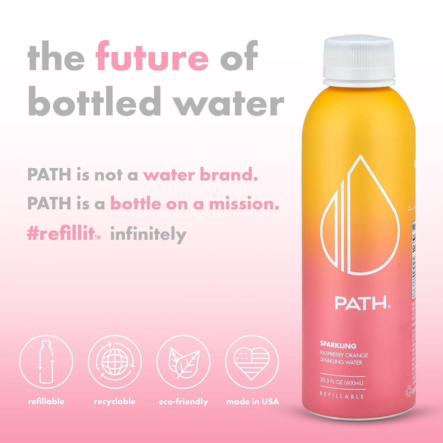 PATH Water Ultra-Purified Sparkling Raspberry Orange Flavored Water, 20 fl oz, 12 pack Aluminum Bottles