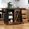 thumbnail image 3 of Fiorune Farmhouse Kitchen Island on Wheels with Barn Door, Kitchen Storage Island with with Drop Leaf and Power Outlet, Rolling Kitchen Cart with Spice Rack for Kitchen, Black, 3 of 18