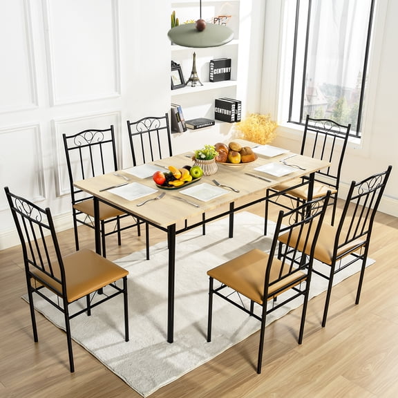 Homy Casa Dining Room Table and Chairs Set for 6, 7-Piece Dinette Set with PU Padded Seat/Metal Frames, Modern Dining Set Saves Space for Kitchen/Small Space/Apartment, Beech