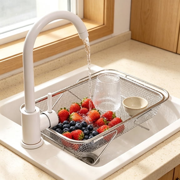 Expandable Over The Sink Colander Stainless Steel, Adjustable Kitchen Sink Strainer Drainage Basket, Extendable Mesh Fruit Vegetable Washing Drying Basket Accessories for Kitchen Sink Countertop