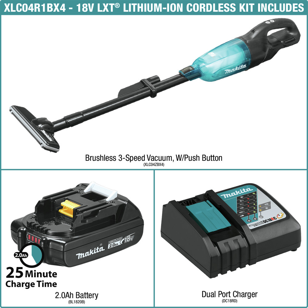 Makita XLC04R1BX4 18V LXT Lithium-ion Compact Brushless Cordless 3-Speed Vacuum Kit with Push Button (2 Ah) - image 2 of 13