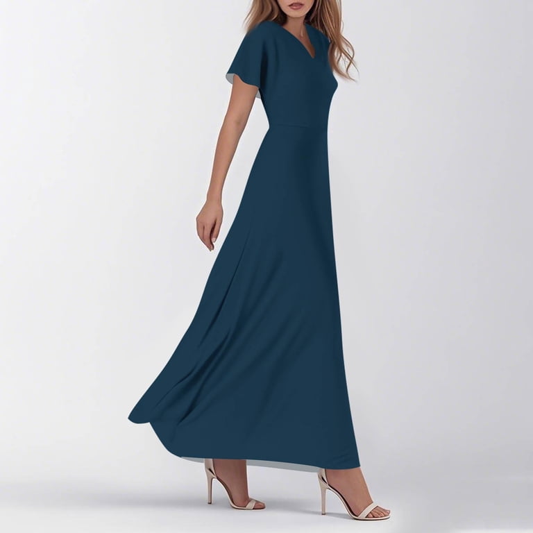 TQWQT Womens Plus Size Summer Dresses Casual Long Dark Blue Dress Short  Sleeve V Neck Church Dresses Boho Beach Tiered Dress Dark Blue M