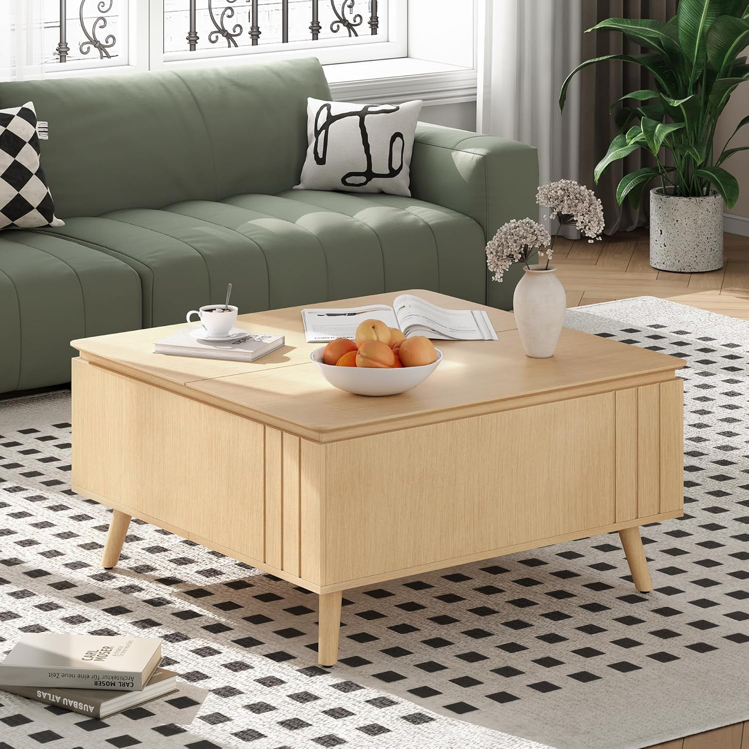 JOINICE Mid Century Modern Coffee Table Lift Top Fluted Center Table for Living Room Multi-Function 35”, Oak