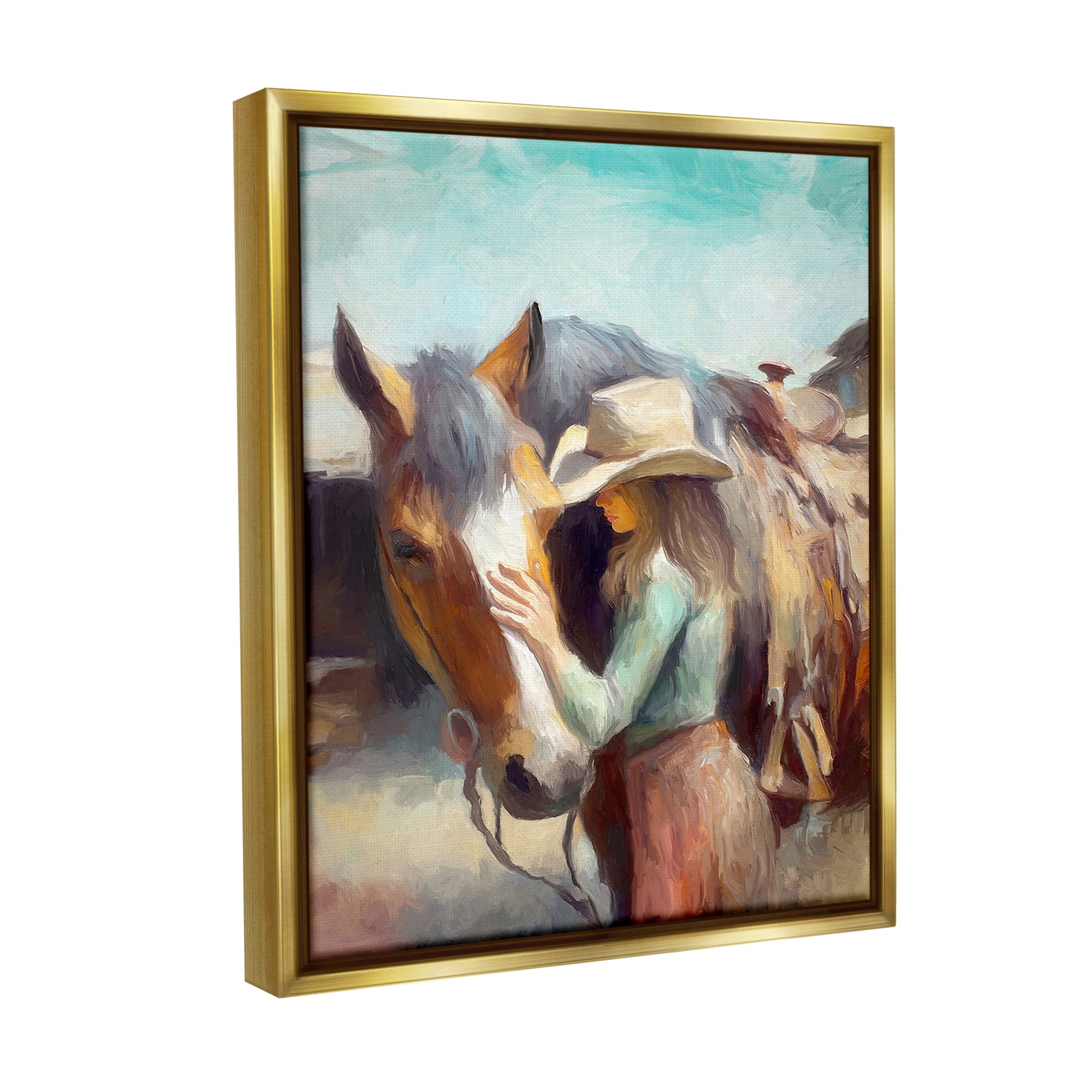 Stupell Industries Cowgirl Petting Horse Animals & Insects Painting Gold Floater Framed Canvas Art Print Wall Art, 25 x 31