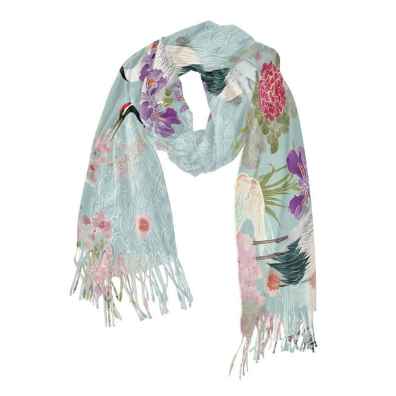 FORMRS Womens Scarf Winter Soft Long Big Warm Shawls Wrap Tassel Scarves, Green Floral Cranes Pattern