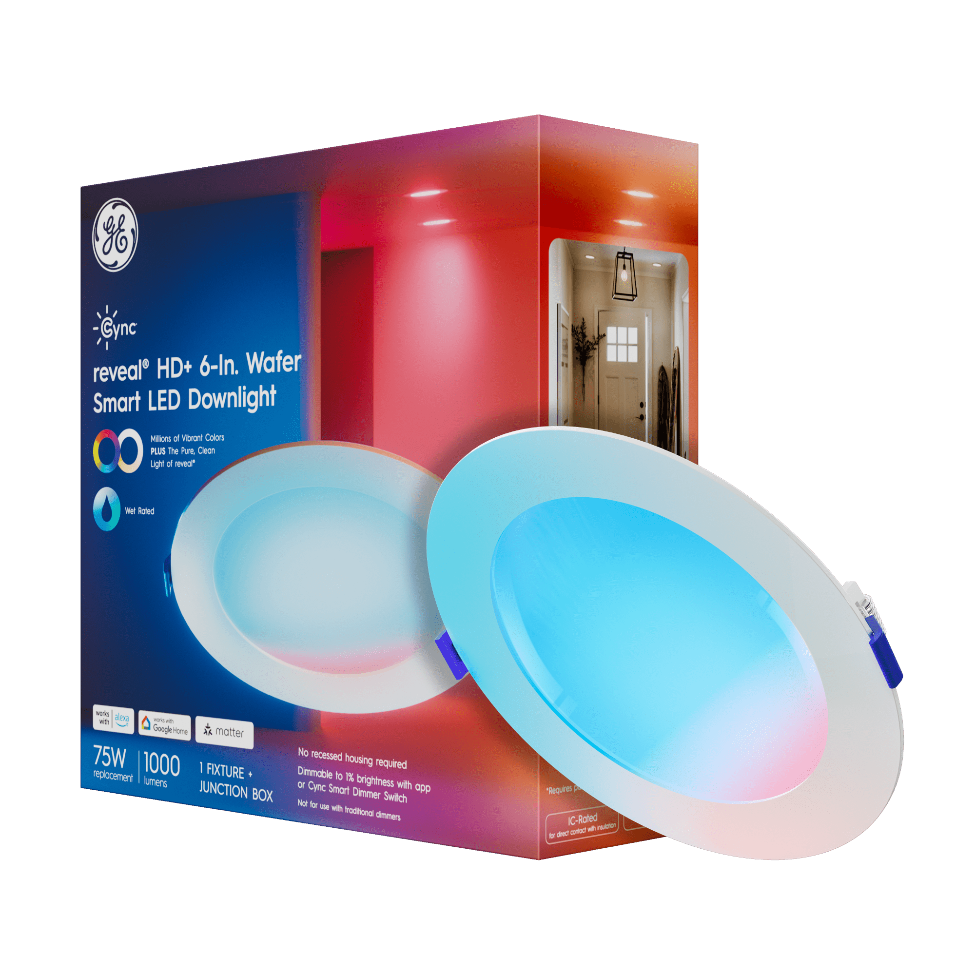 GE Cync reveal® Smart LED Wafer Downlight, Color Changing WiFi Light, Matter Compatible, Works with Alexa and Google Home, 6in