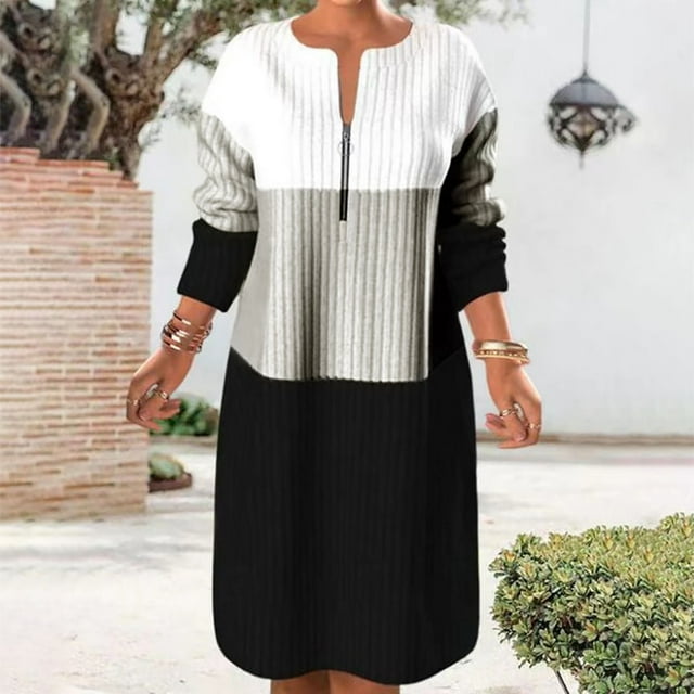 Winter New Sweater Women's Zipper Contrast Panel Long Sleeve Zipper Long Dress