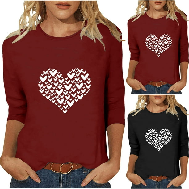 RKSTN Valentine's Day 3/4 Sleeve Tops for Women Oversized Crewneck Valentines Graphic Print Short Sleeve T Shirt Womens Casual Solid Round Neck Loose Comfy Three Quarter Sleeve Shirt Spring Clothes