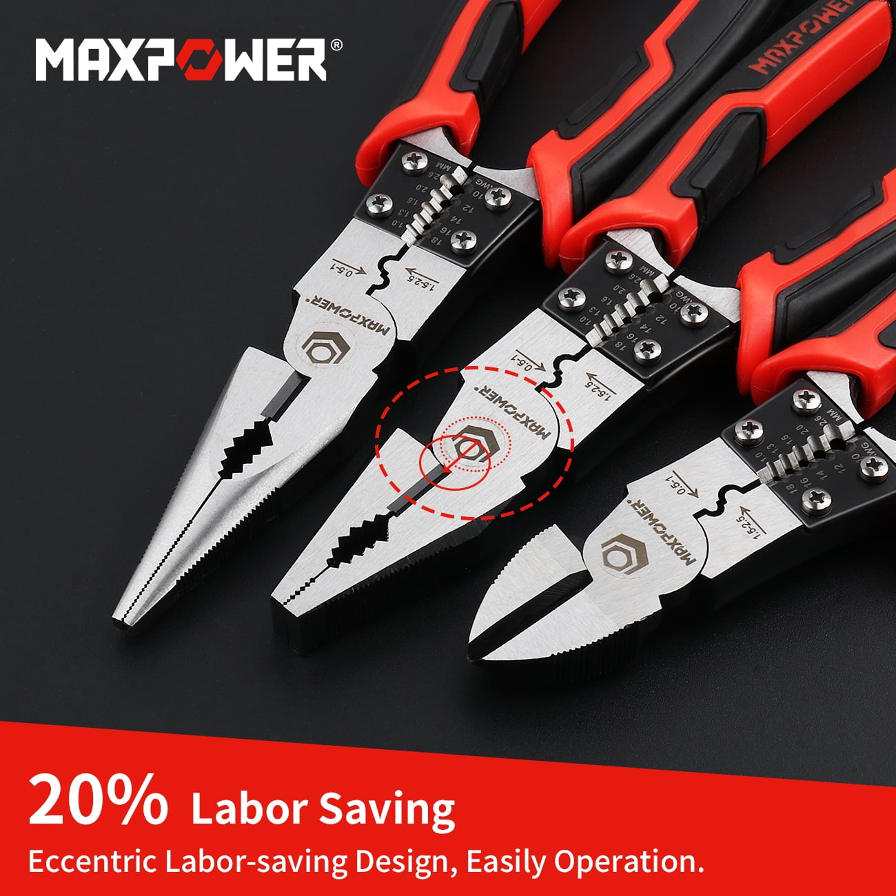MAXPOWER 3Pcs Pliers Set, 5 in 1 Multifunctional Wire Stripper Crimper Cutter, Long Nose Pliers, Linesman Pliers 8 inch,Diagonal Side Cutting Pliers