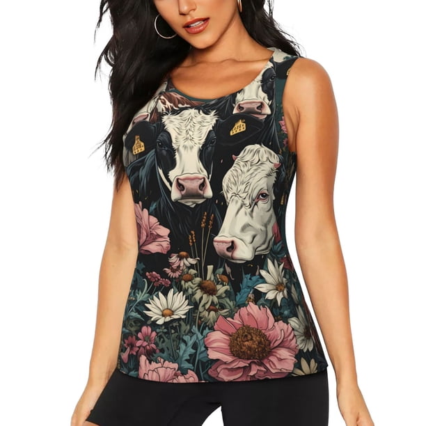 Balery Vintage Sunflower Cow Camiseta sin mangas estampada ligera para mujer, tops de entrenamiento sin mangas, camisetas de yoga transpirables de secado rápido.-Large