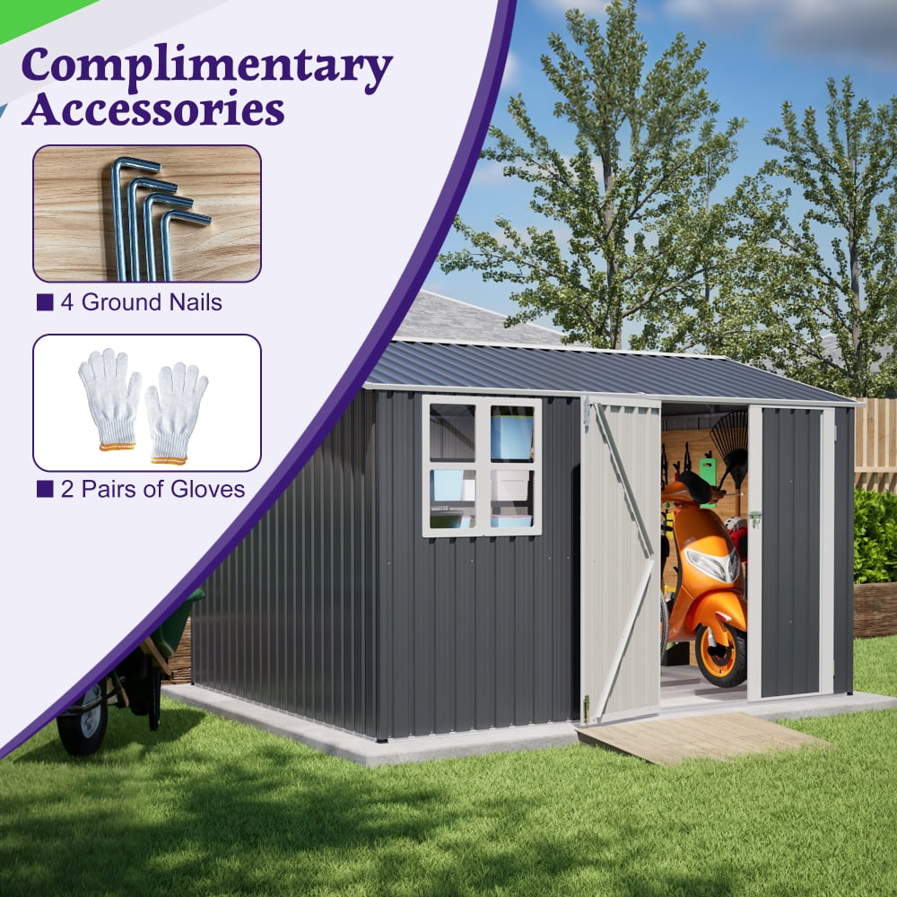 10x8FT Outdoor Steel Storage Shed - Lockable Doors & Clear Window for Garden/Patio Tools