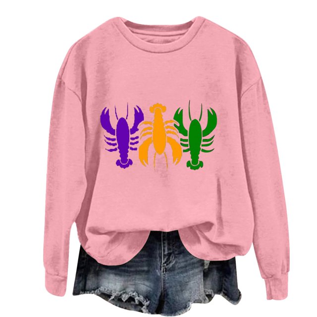 Baberdicy Haut à Manches Longues à Col Ras du Cou pour Femme à Imprimé Homard Rose Polyester