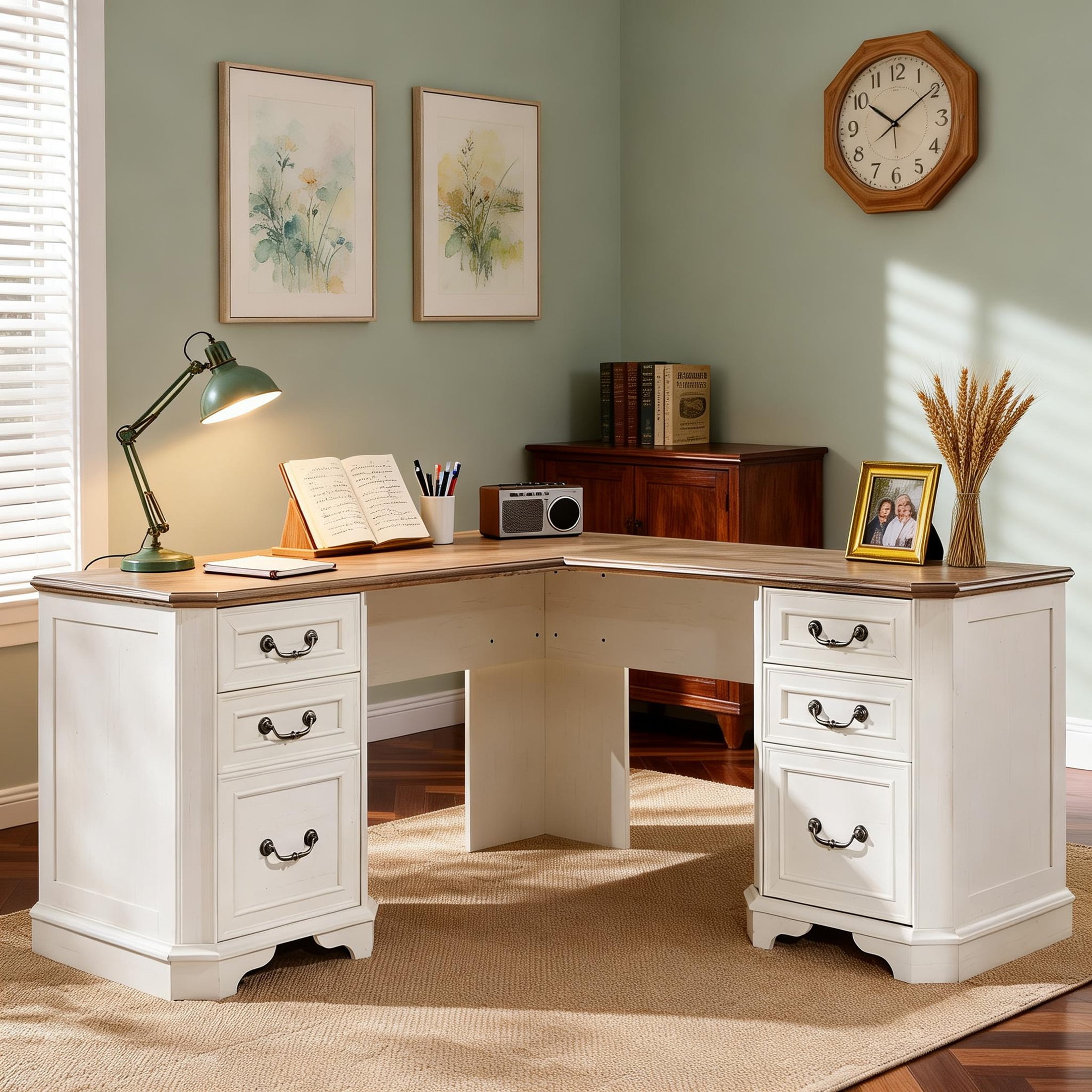 OKD Farmhouse L Shaped Desk with Charging Station and Drawers，Engineered Wood Executive Desk，for Home Office & Living Room