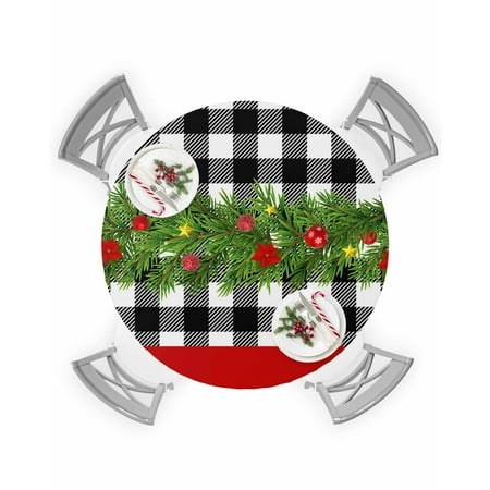 

Round Tablecloth with Elastic Christmas Pine Black and White Buffalo Plaid Waterproof Stain-proof Table Cover Wipeable Fitted Table Cloths for 36 -44 Round Tables Dining Kitchen Indoor Outdoor Use