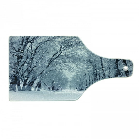 Forest Cutting Board, Snowy Trees Farmhouse Wildlife Woodsy Scenery Frosty Winter Season Park Print, Tempered Glass Cutting and Serving Board, Wine Bottle Shape, White Black Grey, by Ambesonne