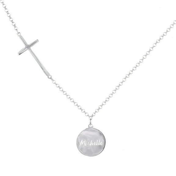 Personalized Disc Pendant Name Necklace w/ Cross in Sterling Silver