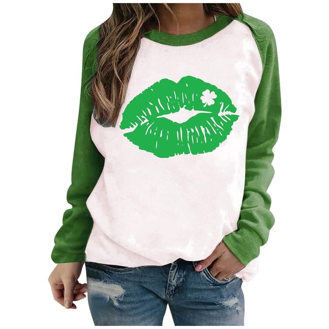 QIPOPIQ Chemises à Manches Longues pour Femmes Col Rond T-Shirts de la Saint-Patrick T-Shirts Amples pour Dames T-Shirt Imprimé Shamrock T-Shirt Vert Chanceux Haut T-Shirt Col Rond Chemises de Vacances de la Saint-Patrick Offres