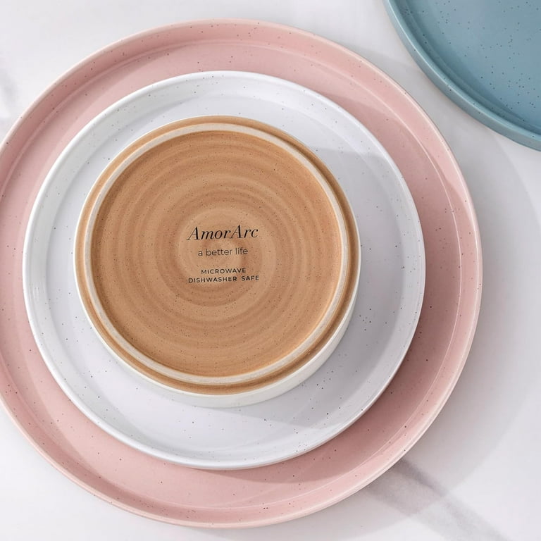 AmorArc Ceramic Dinnerware Sets For 4, Modern Flat Stoneware Plates And Bowls Sets,Chip And Crack Resistant | Dishwasher & Microwave Safe Dishes Set,Scratch Resistant- Service For 4 (12pc)-Matte Pink