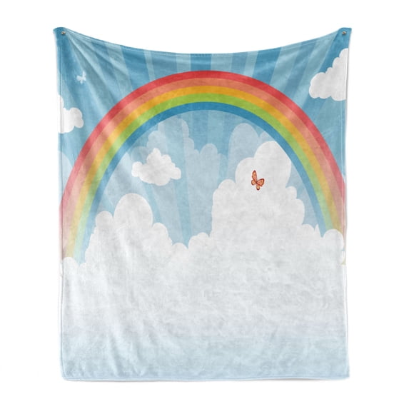 Cloud Soft Flannel Fleece Throw Blanket, Colorful Rainbow Arc in the Sky with a Butterfly on Starburst Stripes Background, Cozy Plush for Indoor and Outdoor Use, 50" x 70", Multicolor, by Ambesonne