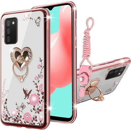 nancheng Phone Case for Samsung Galaxy A03S Cute Soft TPU Cover for Girls Women with Heart Kickstand Lanyard Shockproof Protective - Rose Butterfly