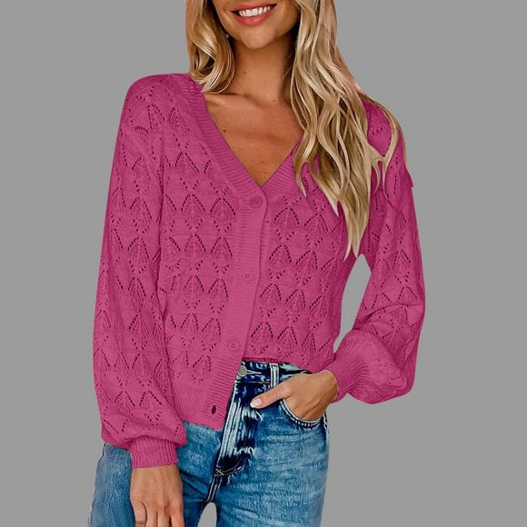 Dvkptbk Sweaters for Women Women Short Cardigan Sweater Long Sleeved Crochet Knit Shawl Front Open V-neck Button Top Clothes on Clearance