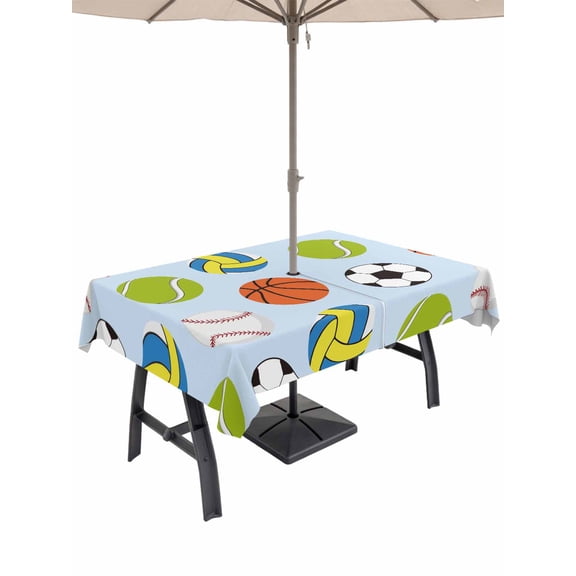 54x80 Inch Outdoor Tablecloth with Umbrella Hole Zipper Rectangle Blue Balls Rectangular Tablecloths Outside Waterproof Baseball Tennis Basketball Football Patio Table Cloth Cover for Picnic Party