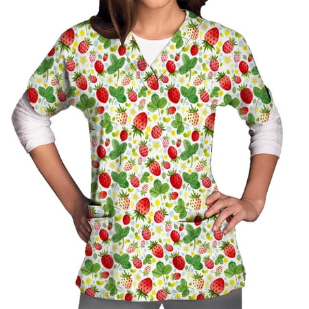 

Xysaqa Print Scrub Top for Women V Neck Strawberry Printed Cute Tops Nursing Workwear Uniform Short Sleeve T-Shirts with 3 Pockets
