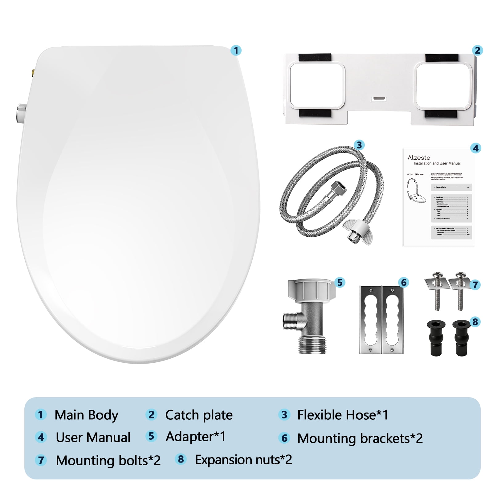 Atzeste Bidet Toilet Seat, Non-Electric Dual Nozzles Bidet Attachment, Adjustable Water Pressure Water Sprayer, Rear & Feminine Wash, Quiet-Close, Brass Inlet, Fit Elongated Toilet Seat