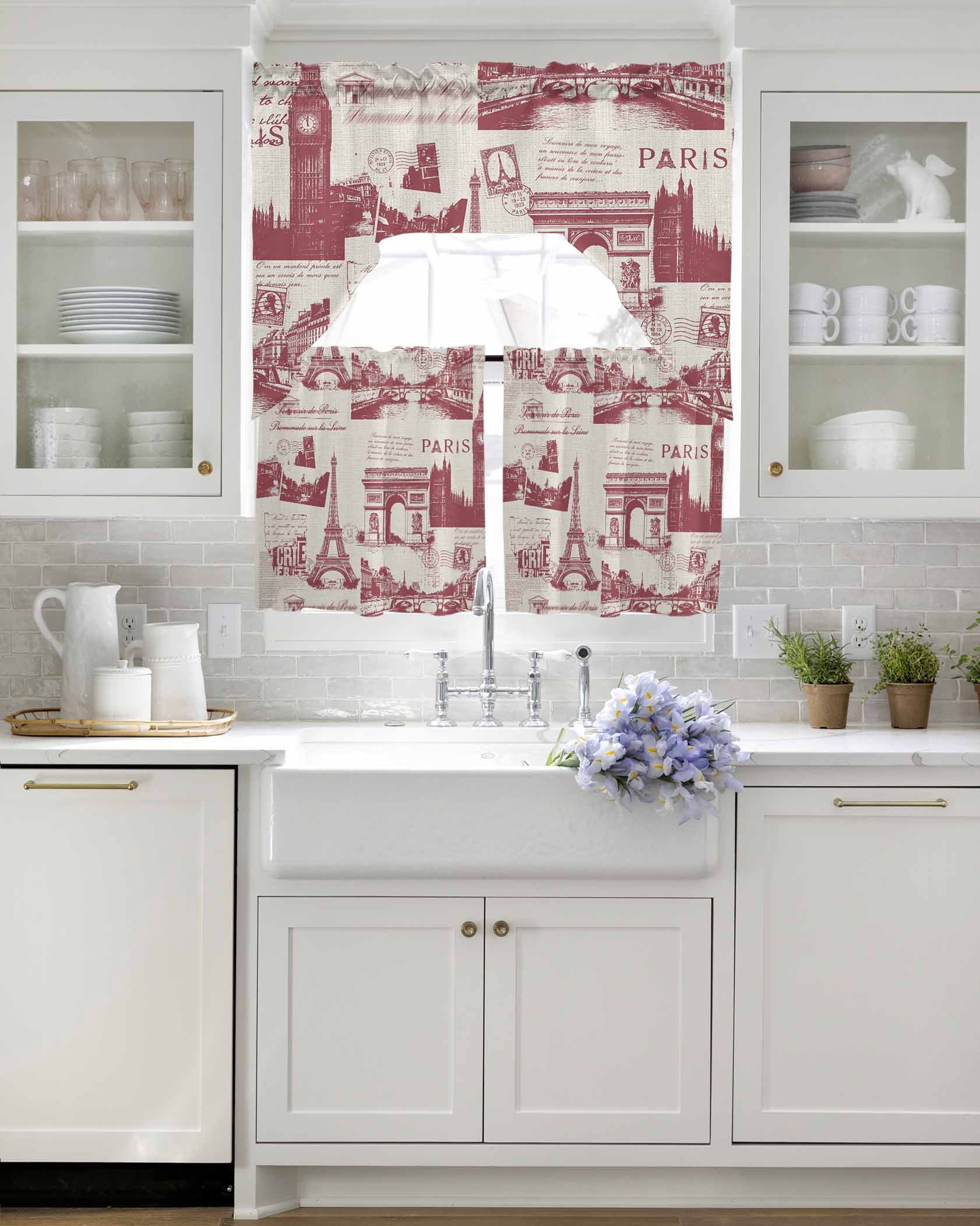 Vintage Art Swag Valance for Window, 3 Piece Red International Buildings Paris Towers Linen Light Filtering Swag Curtain Rod Pocket Kitchen Curtain Valance for Bedroom 3 Piece
