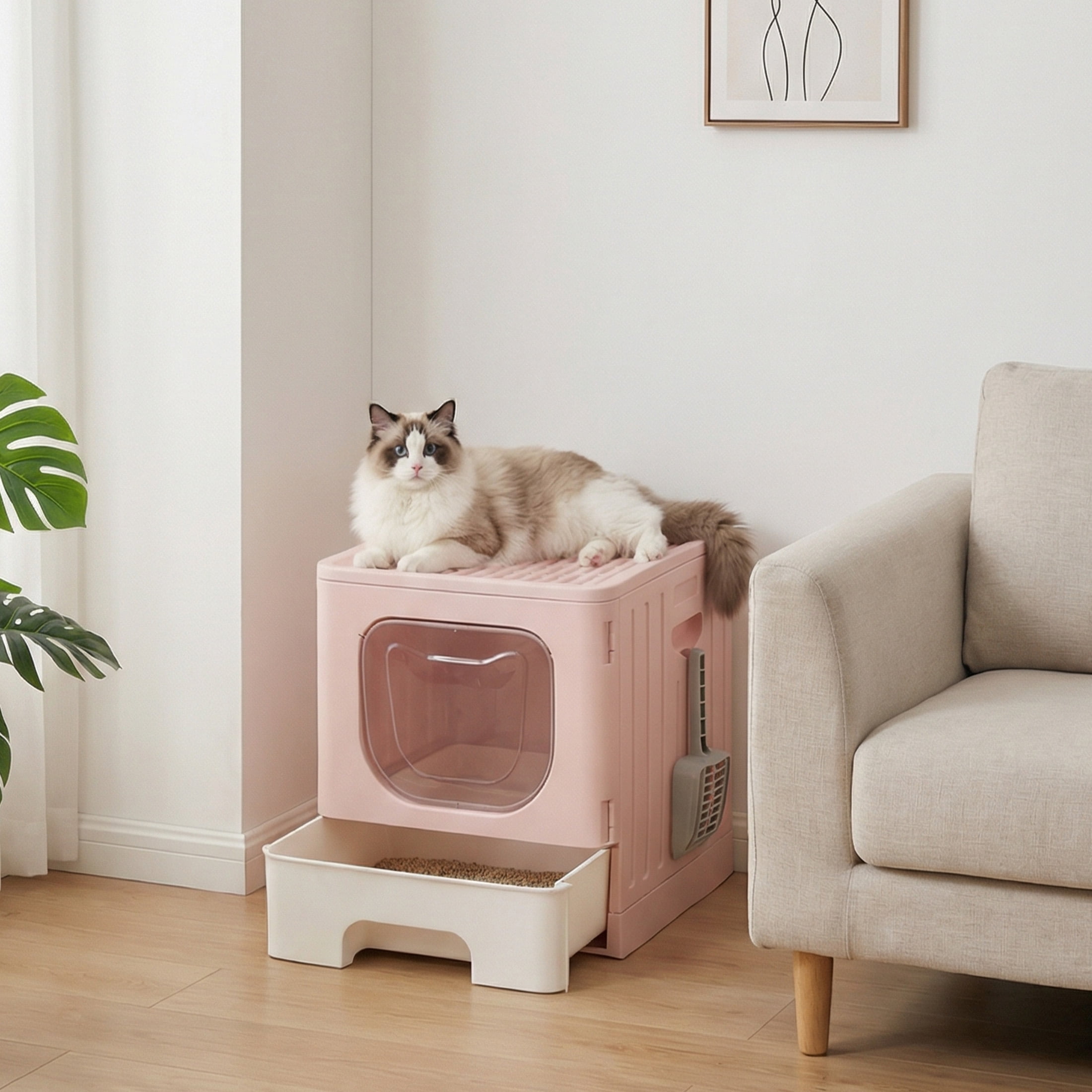 EDX Large Foldable Cat Litter Box with Lid, Enclosed Anti-Splashing Cat Box with Litter Scoop, Front Entry Top Exit Kitty Litter Box with Door, Drawer Design, Easy Cleaning & Odor Control, Pink