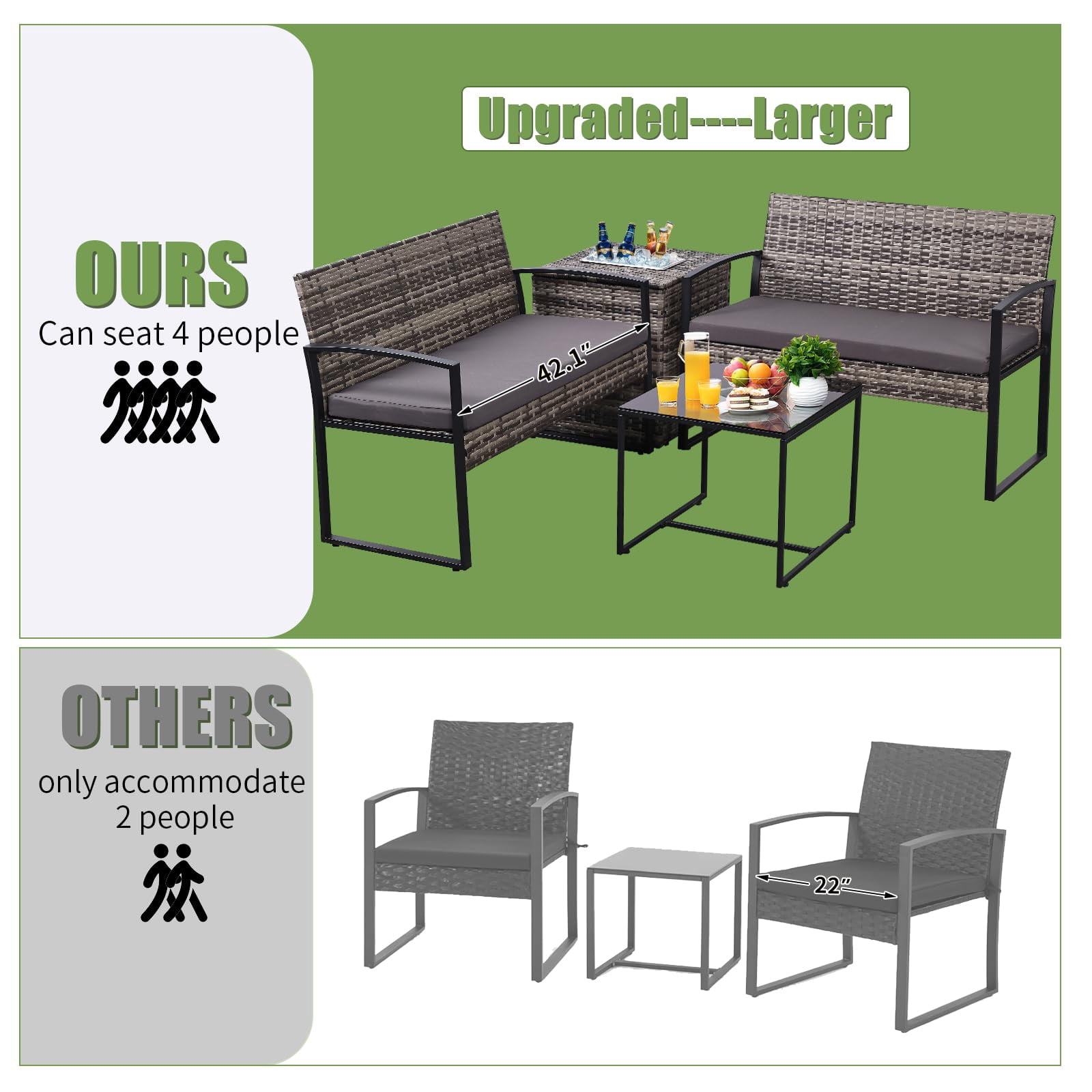 4 Piece Outdoor Patio Furniture Set,Wicker Conversation Sets Patio Sofa Couch with Built-in Beverage Cooler Storage Box & Coffee Table for Outside, Garden, Balcony, Porch,Grey/Grey
