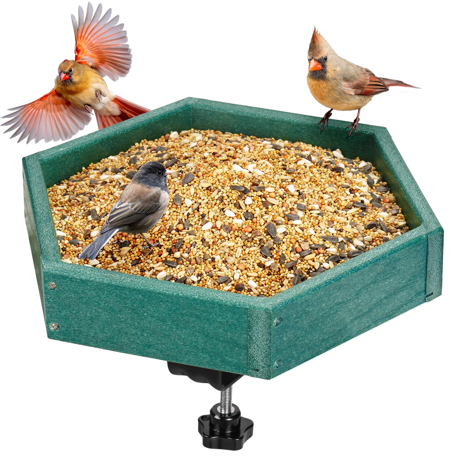 Kingsyard Clamp-On Deck Bird Feeder 11in Hexagon, Adjustable Balcony Railing Clamp 2.2in No-Drill, Recycled Plastic Seed Tray Metal Mesh Drainage Easy-Clean 3 lb,Green