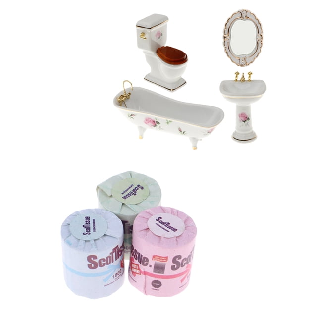de 4 s de para casa de (inodoro, bañera, lavabo y espejo) y papel higiénico para niños, accesorios para bricolaje para d