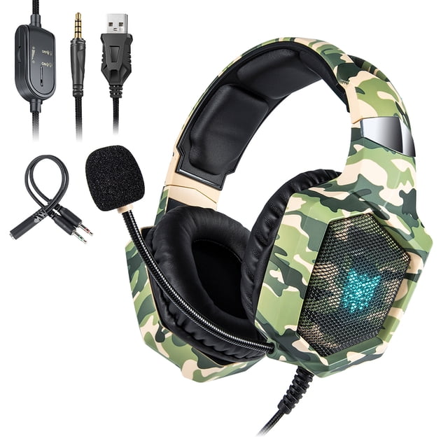 Cateissary Auriculares con cable Auriculares para juegos con micrófono Ocultación de ruido Auriculares con sonido envolvente LED Control Cables de audio/vídeo camuflaje verde