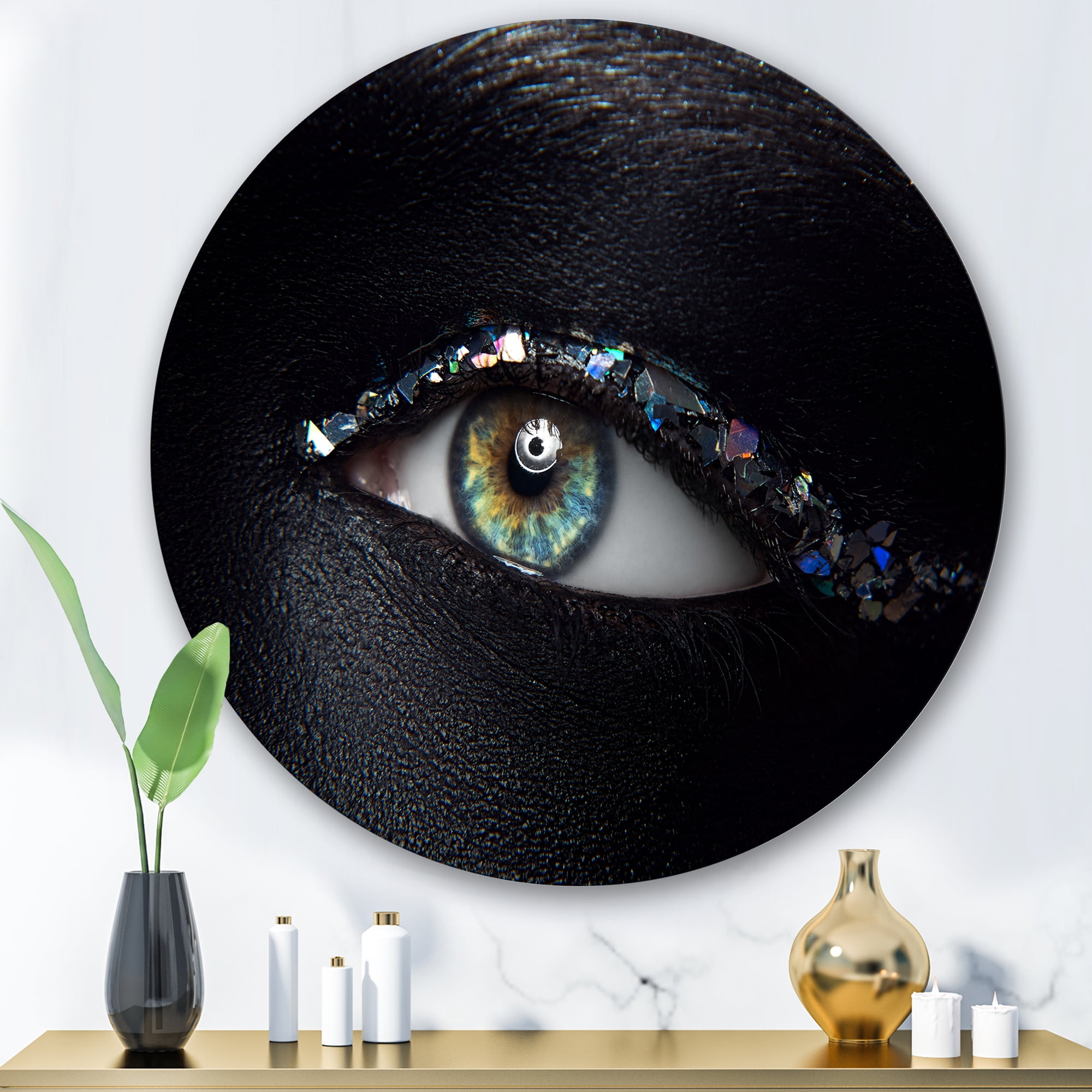 Designart 'Girl Eyes With Multi-Colored Glass Sparkles' Modern Circle Metal Wall Art 36x36 - Disc of 36