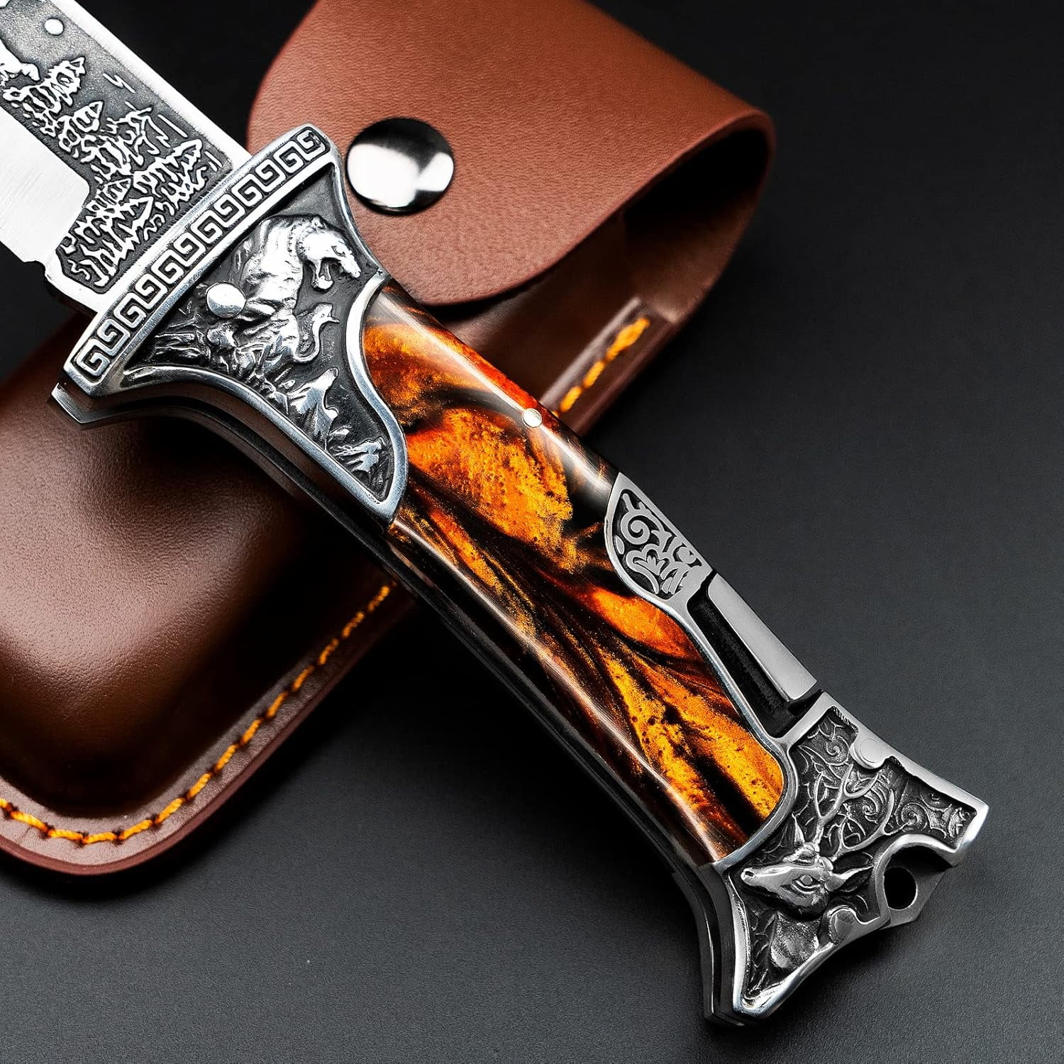 TIGER ROAR Pocket Knife, Engraved Unique Folding Knife with Holster, Personalized Gift