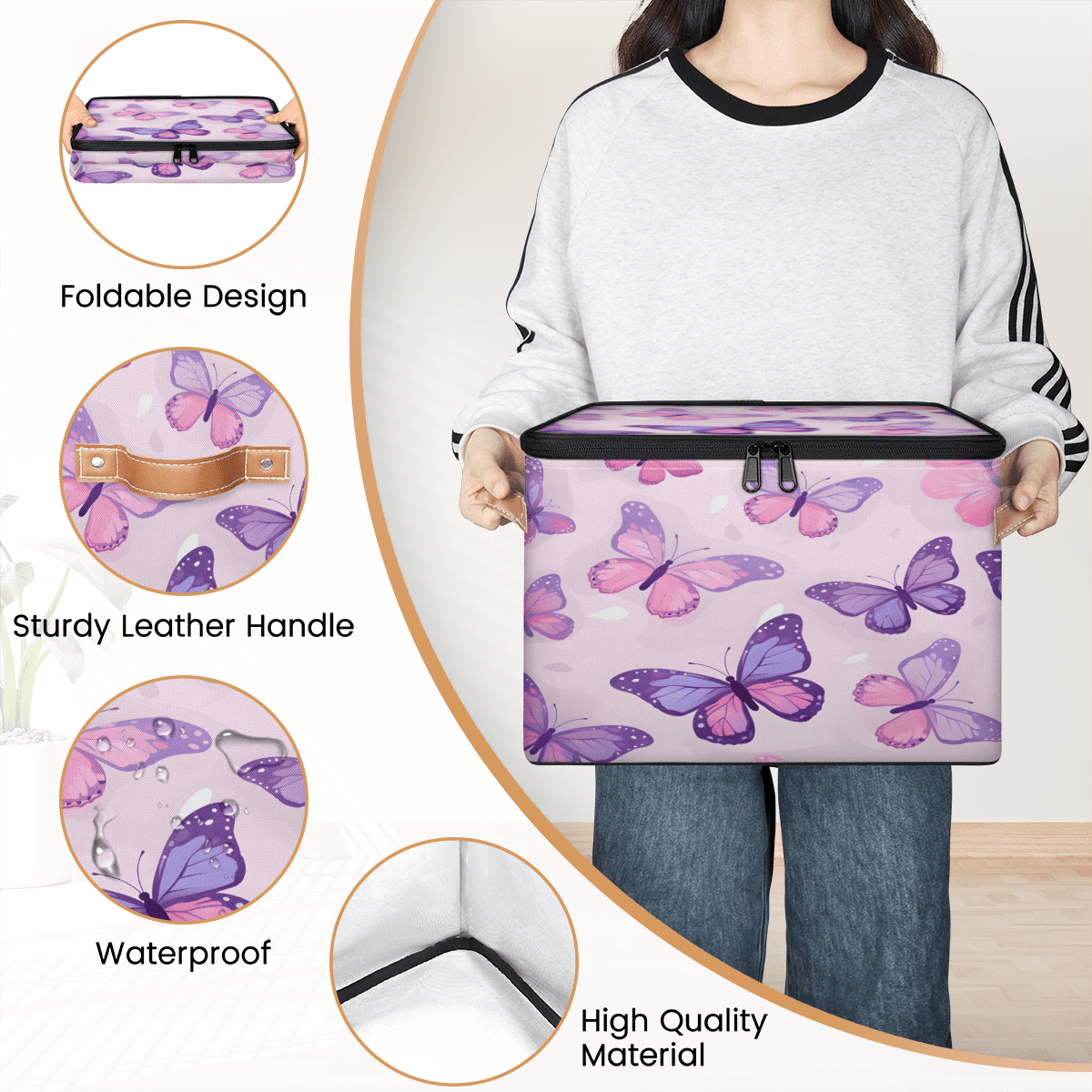 ADECORIVY Butterfly Storage Bin with Lid Fabric Purple Pink Foldable Storage Baskets Boxes for Clothes Shelves Closet Organizer Containers with Leather Handles for Wardrobe