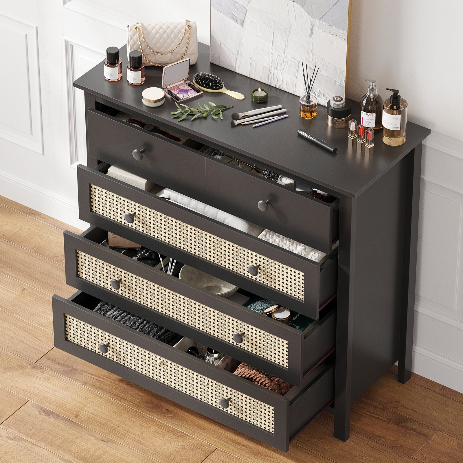 Aukfa 4 Drawer Dresser with Rattan Doors, Modern Boho Storage Cabinet Wooden Chest of Drawers for Bedroom, Living Room, Walnut