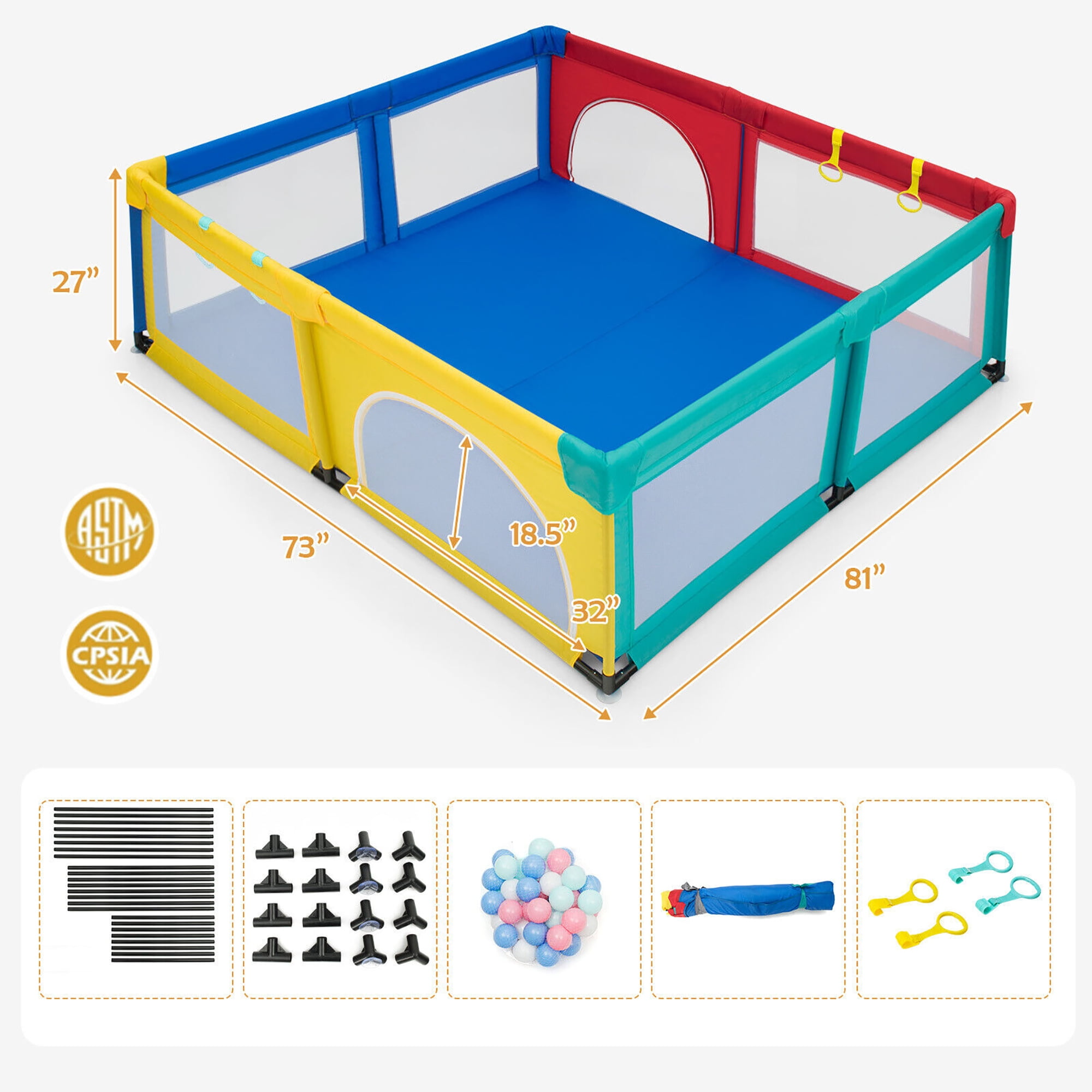 Gymax Extra Large Baby Playpen Safety Baby Play Yard w/ 50 Ocean Balls & 4 Handles Colorful