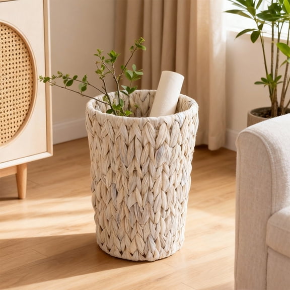 Wicker Waste Basket, Small Bathroom Trash Can,Trash Can Boho Woven Decorative Office Garbage Cans,for Bedroom, Bathroom, Office and More (White)