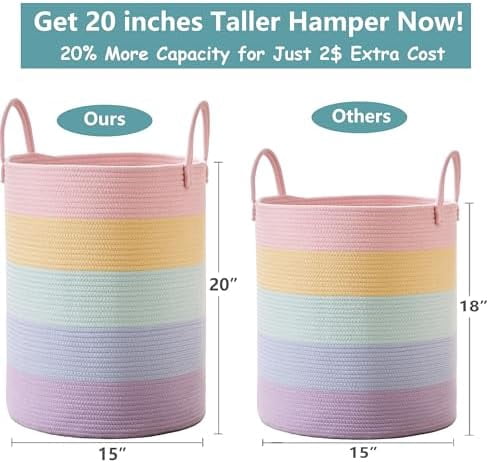 60L Hamper Laundry Basket for Baby Girls Kids Rainbow Nursery Hamper for Clothes Pastel Unicorn Woven Rope Blanket Basket for Toy in Playroom Bedroom 15Dx20H inches Large